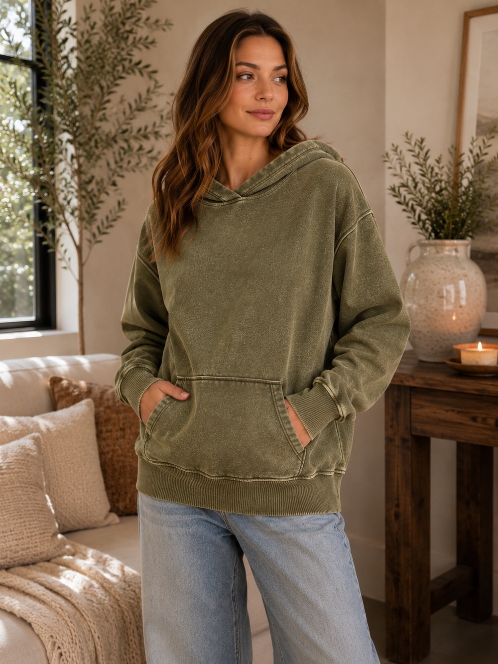 119. Women's Dark Olive Green Fleece Acid Wash Kangaroo Pocket Hoodie NEW